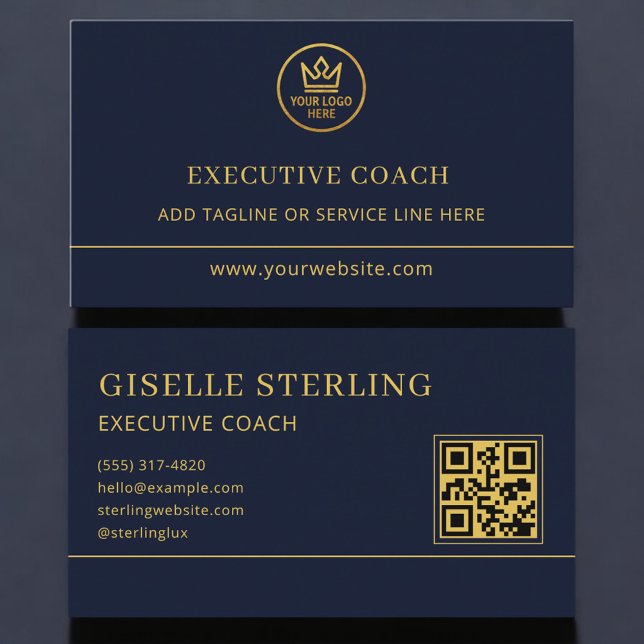 Executive Coach Blue Gold Logotyp QR-kod Visitkort (Skapare uppladdad)