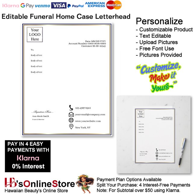 Executive Navy Gold Funeral Home Case  Brevhuvud (Executive Navy Gold Funeral Home Case Letterhead.)