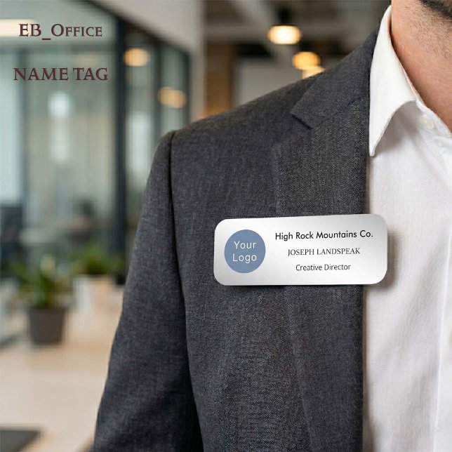 Executive Silver Metallisk & Anpassad Logotyp  Namnbricka (Chic Silver Classic Name Tag.
Custom 3” x 1” rectangle with rounded corners for business logos.
)