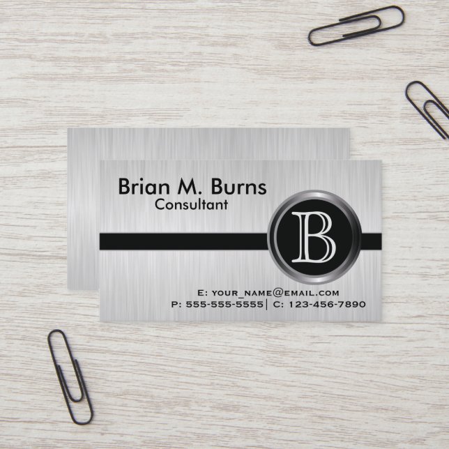Executive White Brush Steel Monogram Visitkort (Fram/Back In Situ)