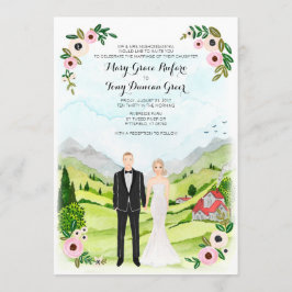 Exempel: Illustrated Porträtt Rustic Bröllop Inbjudningar