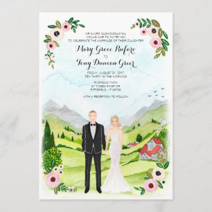 Exempel: Illustrated Porträtt Rustic Bröllop Inbjudningar