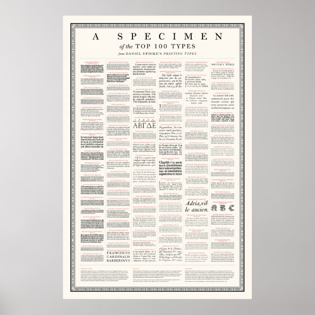 Exemplar av topp 100-typer från "Trycktyper" Poster (Framsidan)