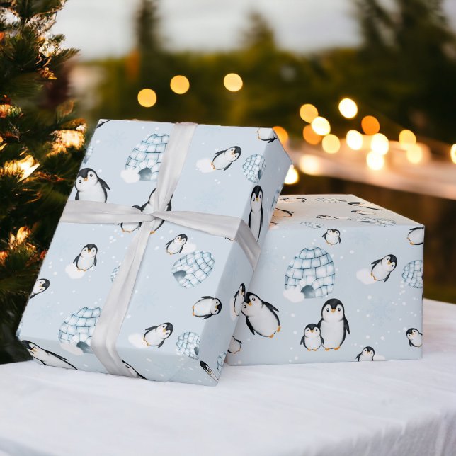 Exemplet Cute vinterpingguin igloos snö Presentpapper (Cute winter penguin igloos snow illustration wrapping paper)