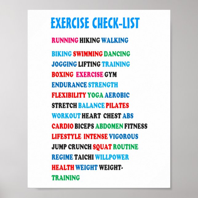EXERCISERA CHECK-LIST GYM Weight Health Heart Canc Poster (Framsidan)