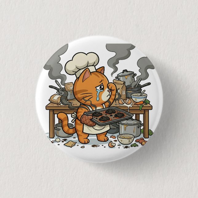 Exhausted Chef Cat Kitchen Disaster Button Knapp (Framsida)