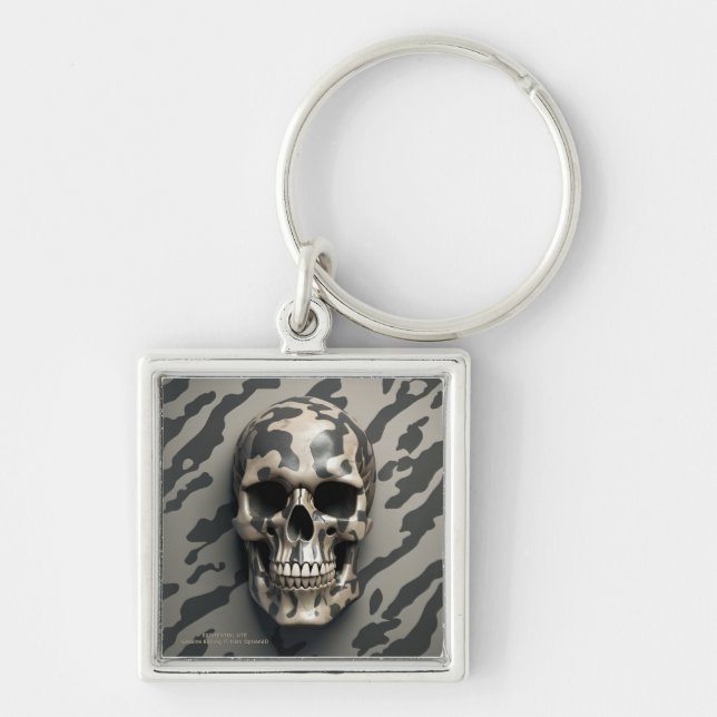 EXISTENTIAL LITE Memento Mori Camo Skull Fyrkantig Silverfärgad Nyckelring (Framsidan)