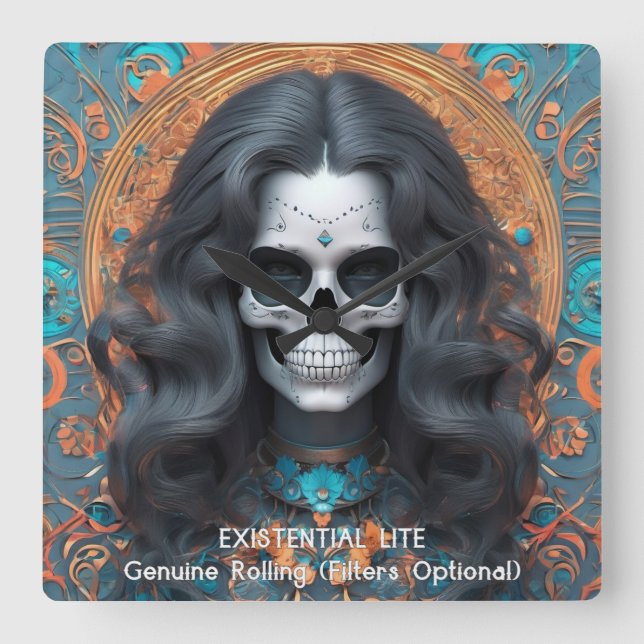 EXISTENTIELL LITE Memento Mori Femme Skull Fyrkantig Klocka (Framsida)