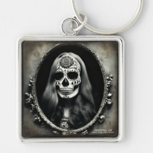EXISTENTIELL LITE Vintage Femme Skull 5 Fyrkantig Silverfärgad Nyckelring