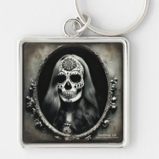 EXISTENTIELL LITE Vintage Femme Skull 5 Fyrkantig Silverfärgad Nyckelring