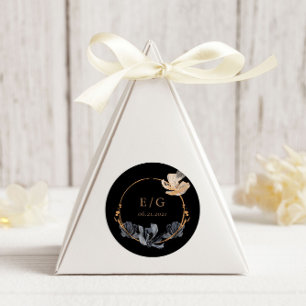 Exklusiv Black Guld Blommigt Monogram Bröllop Runt Klistermärke