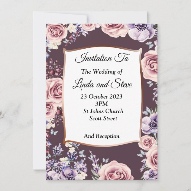 Exklusiv bröllopsinbjudan, rosor, koppar inbjudningar (Framsida)