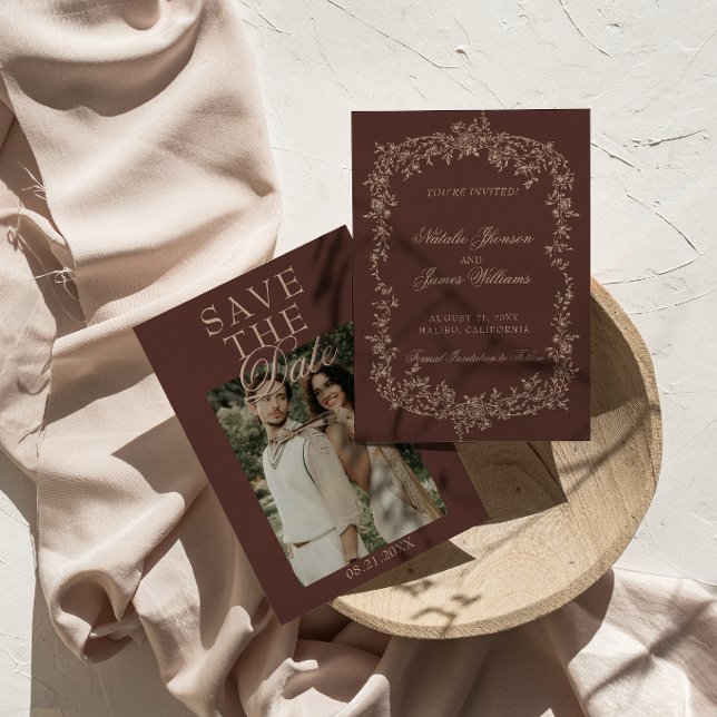 Exklusiv chokladbrun beige blomfotografi bröllop spara datumet (Skapare uppladdad)