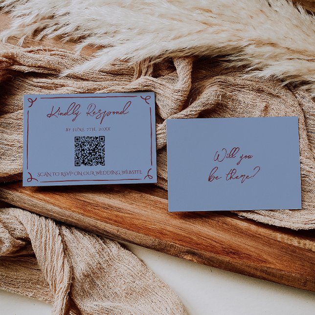 Exklusiv djup röd blå ram Whimsy bröllops QR-kod OSA Kort (Skapare uppladdad)