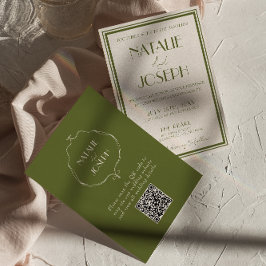 Exklusiv gammal penning olivgrön lyx QR-kod bröllo Inbjudningar