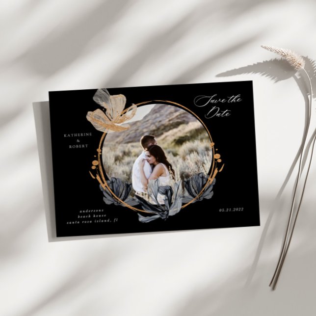 Exklusiv Guld Black-Blommigten Spara datum Vykort (Skapare uppladdad)