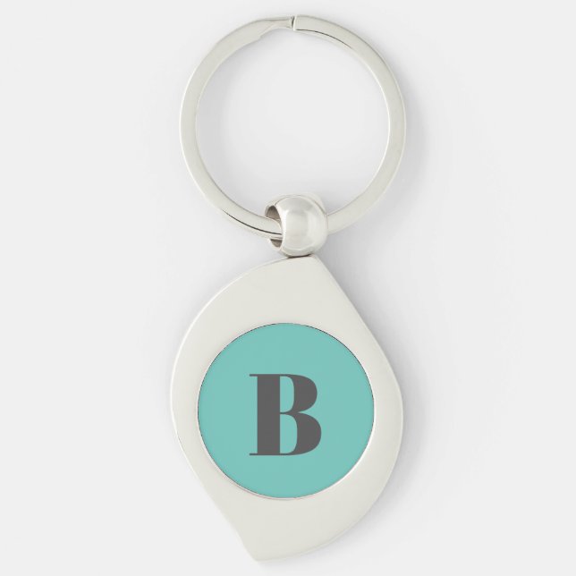 Exklusiv Light Teal Grått Monogram Initial Brev Swirl Silverfärgad Nyckelring (Framsidan)