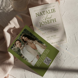 Exklusiv Olivgrön Gammal Pengar Foto QR-kod Bröllo Inbjudningar