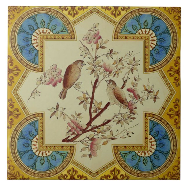 Exklusiv Repro Hand Glazed Birds Victorian Kakelplatta (Framsidan)