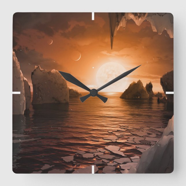 Exoplanet Trappist-1f från Isigen Nattsida. Fyrkantig Klocka (Framsida)