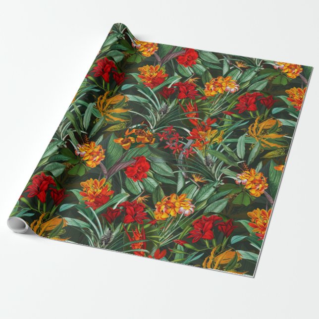 Exotic Aloha Jungle Flowers och Löv Mönster Presentpapper (Utrullad)