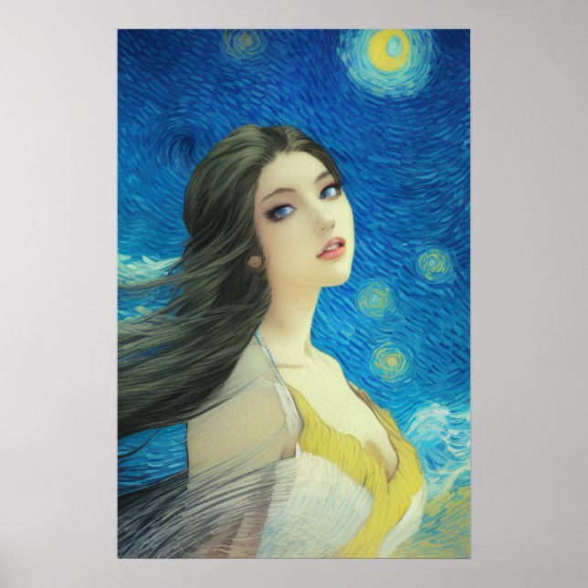 Exotic Beauty in in Starry Night, Van Gogh Stil Ar Poster (Framsidan)