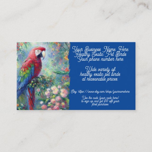 Exotic Bird Sales Shop Sales Etsy Parrot Cockatoo Visitkort (Framsida)