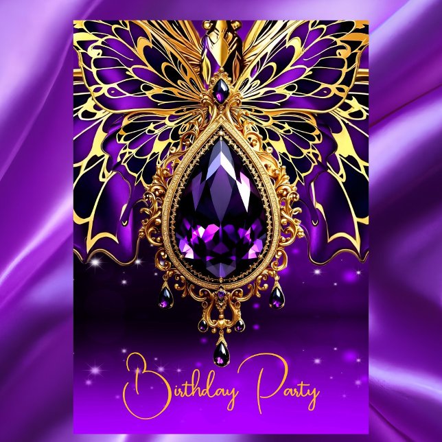 Exotic Birthday Lila Guld Jewel Butterfly Inbjudningar (Skapare uppladdad)