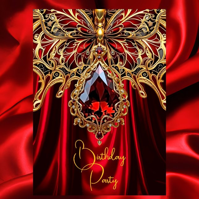 Exotic Birthday Rik red Guld Jewel Butterfly Inbjudningar (Skapare uppladdad)