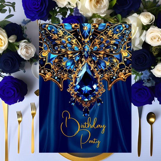 Exotic Birthday Steel Blue Guld Jewel Butterfly Inbjudningar (Skapare uppladdad)