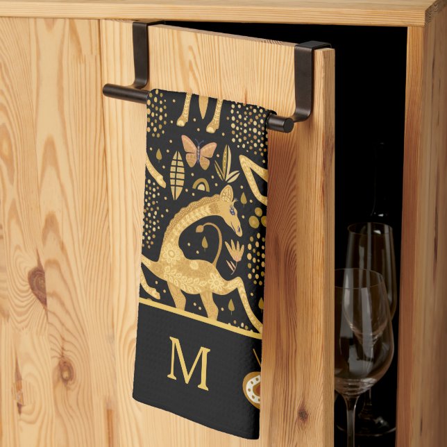 Exotic Black Guld Giraffe Boho Monogram Kökshandduk (Thirds Fold)
