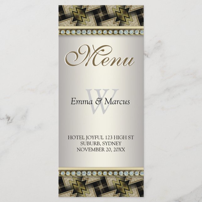 Exotic Black Guld Mönster Diamond Bröllop Menu Meny (Framsida)