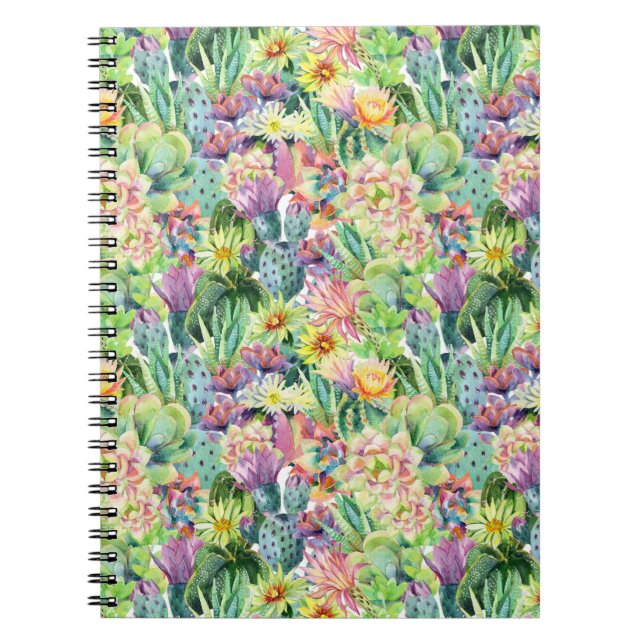 Exotic Blooming Watercolor Cacti Mönster Anteckningsbok (Framsidan)