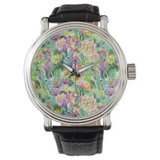 Exotic Blooming Watercolor Cacti Mönster Armbandsur