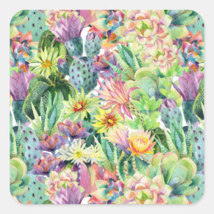 Exotic Blooming Watercolor Cacti Mönster Fyrkantigt Klistermärke