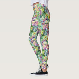 Exotic Blooming Watercolor Cacti Mönster Leggings
