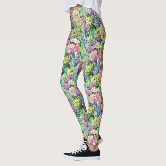 Exotic Blooming Watercolor Cacti Mönster Leggings (Vänster)