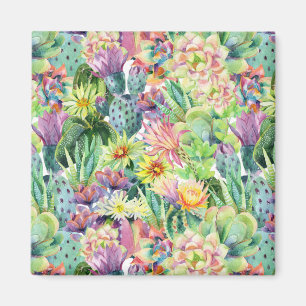 Exotic Blooming Watercolor Cacti Mönster Magnet