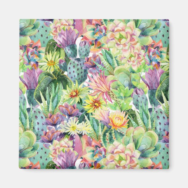 Exotic Blooming Watercolor Cacti Mönster Magnet (Framsidan)