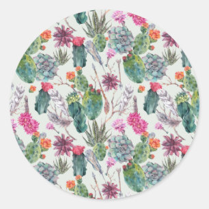 Exotic Boho Watercolor Cactus & Succulent Mönster Runt Klistermärke