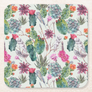Exotic Boho Watercolor Cactus & Succulent Mönster Underlägg Papper Kvadrat