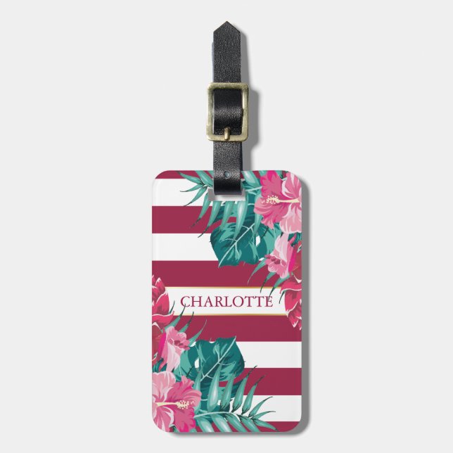 Exotic burgundy Flowers Monogram stripe Bagagebricka (Vertikal Framsida)