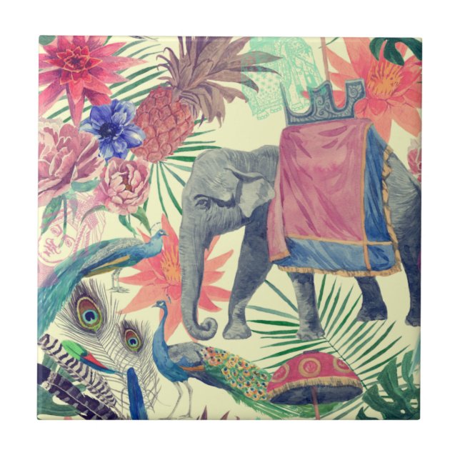 Exotic Elephant Peacock Söt Kakelplatta (Framsidan)
