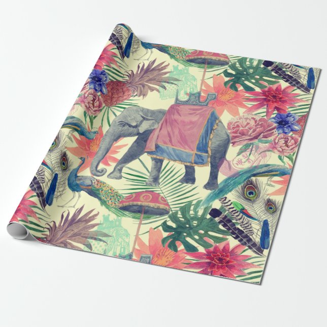 Exotic Elephant Peacock Söt Presentpapper (Utrullad)