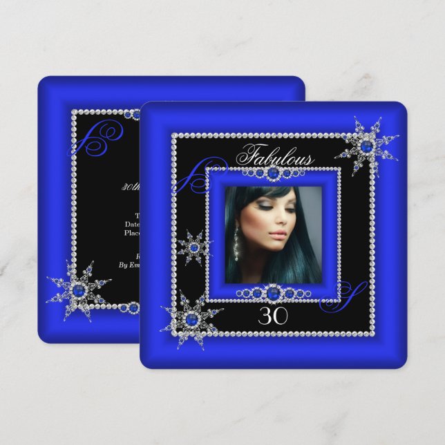 Exotic Fabulous Royal Blue Silver Snowflake Photo Inbjudningar (Fram/baksida)