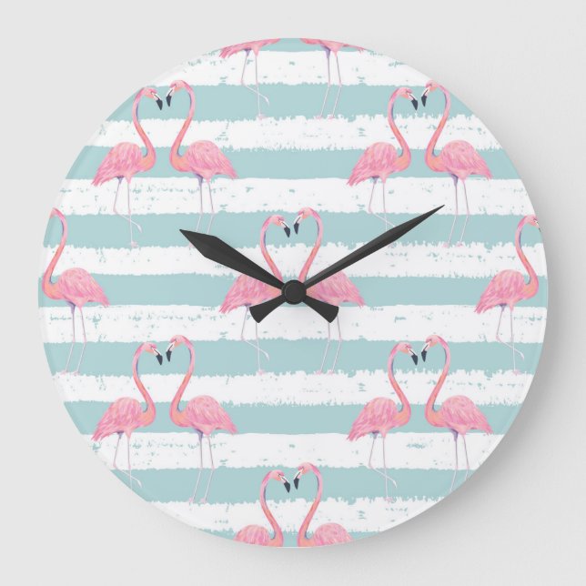 Exotic Flamingo Stripe Background Mönster Stor Klocka (Framsida)