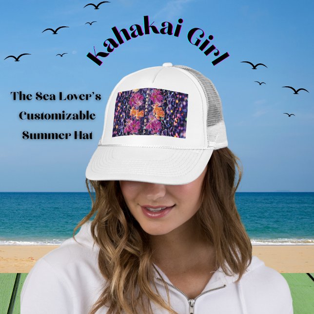 Exotic Flower Stone ’Kahakai (strand) Girl’ Keps (Hawaiian-inspired hat with exotic flowers, magical stones, and "Kahakai Girl" customizable text)