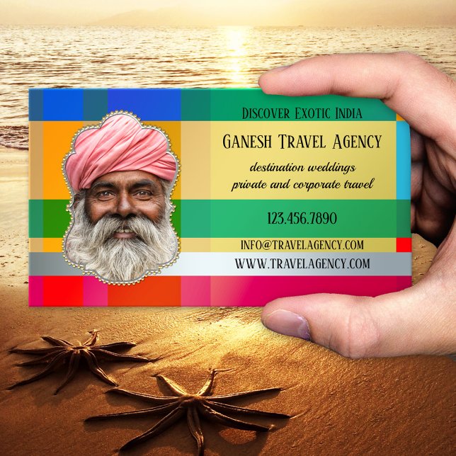 Exotic India Travel Agency Photo Affärskort Visitkort (Eye-catching business card showing a colorful design with silver and gold details - India - travel)
