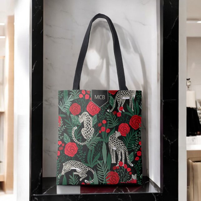 Exotic Leopard Jungle-Blommönster med Monogram Tygkasse (Skapare uppladdad)
