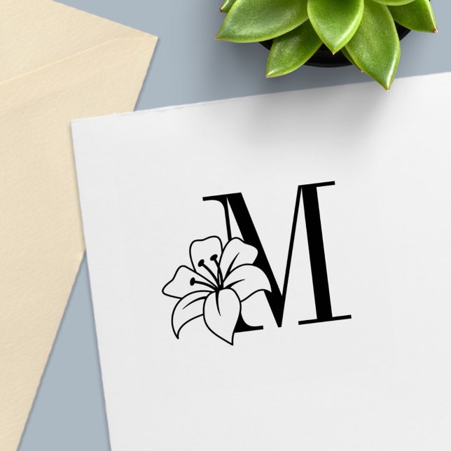 Exotic Lily Flower Monogram Initial Självfärgande Stämpel (Skapare uppladdad)